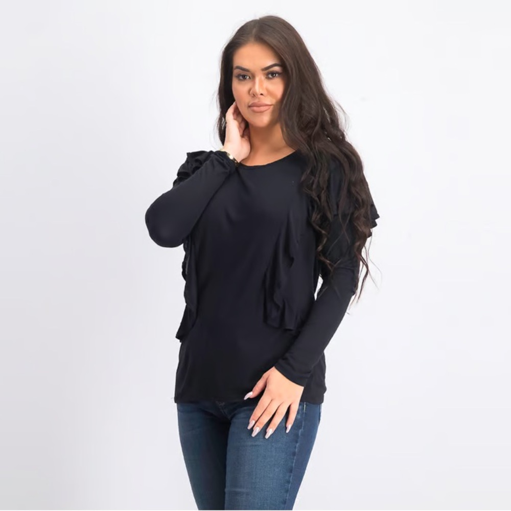 Avec Les Filles Black Long Sleeve Soft Ruffle Shirt L